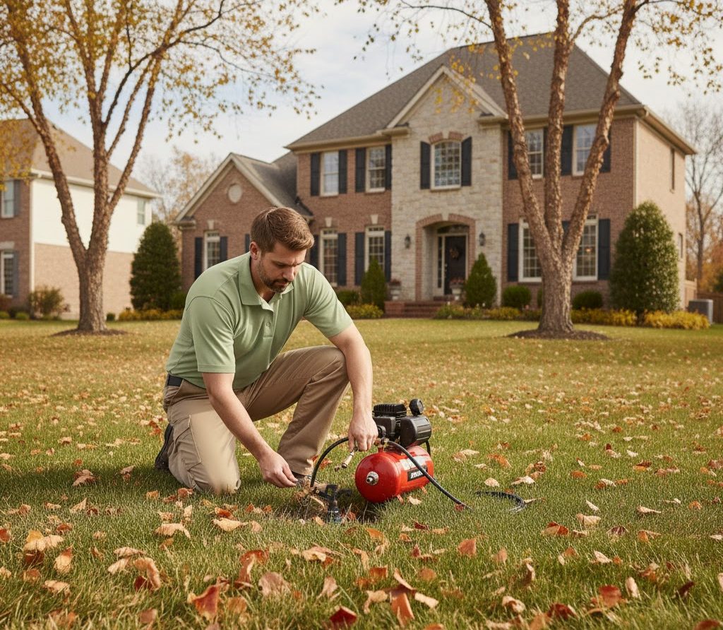 Man kneeling working on a small red air compressor in a yard.