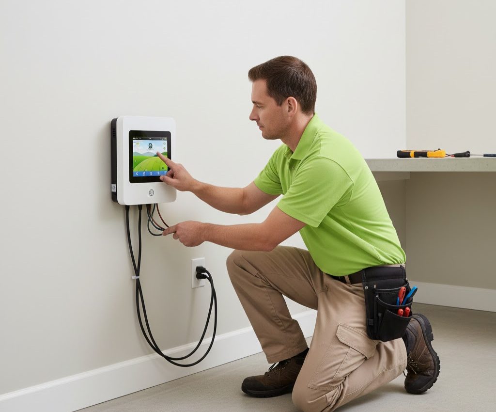 Man inspecting electrical equipment, touching screen, with wires and plug details.